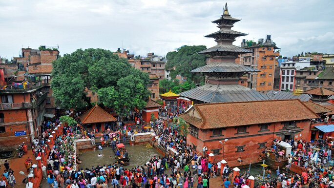 Devotees at Shiva Temple in Kumbeshwar, Bangala Mukhi, for celebration of Janai Purnima. 