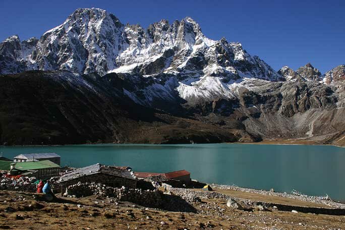 Lodges near the Gokyo Lake with view of mountains in the Everest region, Nepal. 