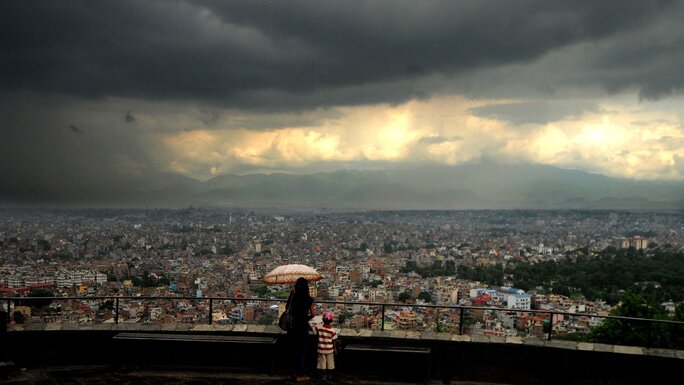 View of Kathmandu Valley on a rainy evening from Swayambhunath. 